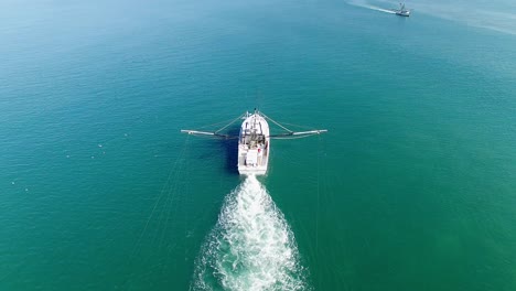 a white trawling shrimp boat with feeding seagulls all around, aerial steady establishing shot