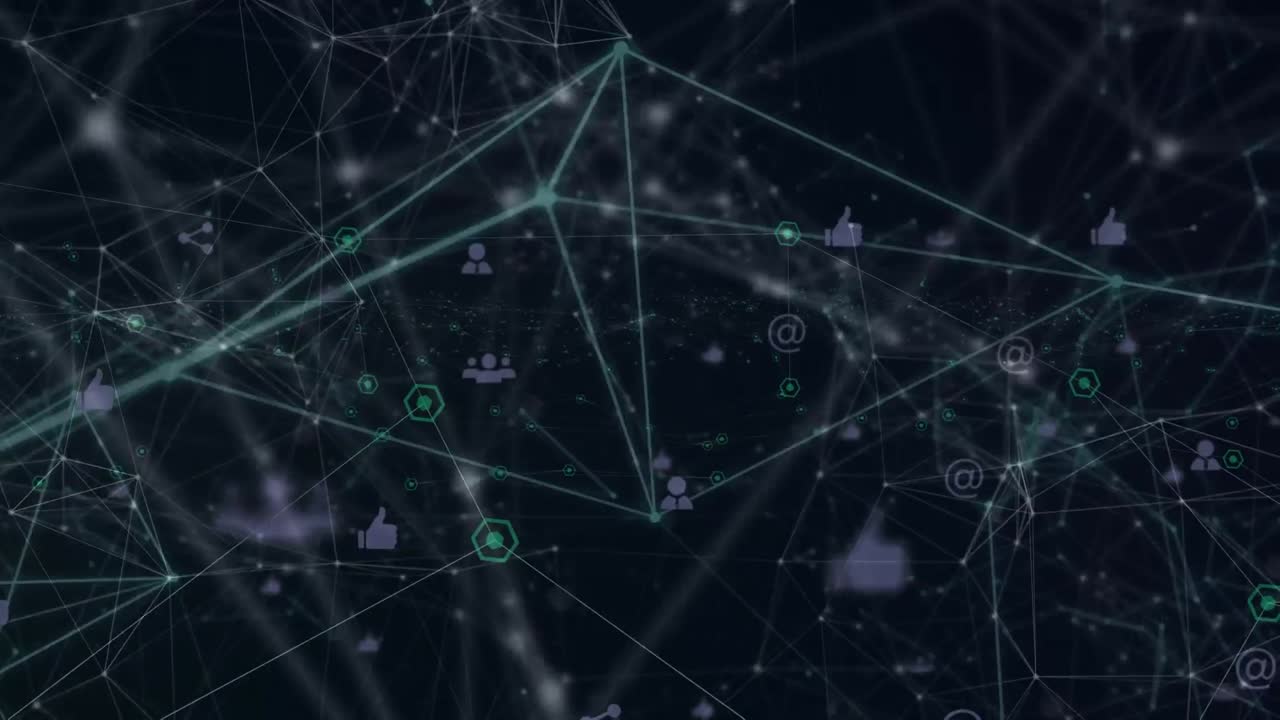 Animation of network of connections with icons on black background