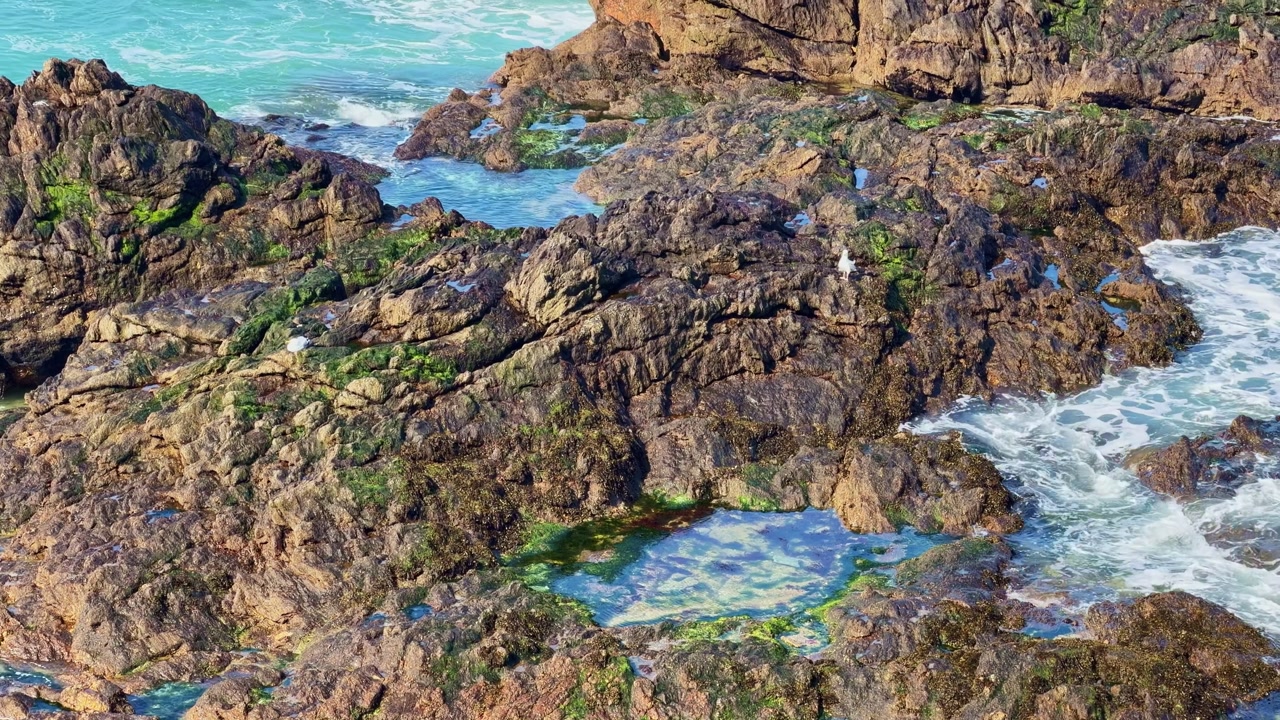 Rocky shoreline with tide pools and seawater between formations in Saint-Malo, Brittany, France, showing intertidal zone with waves and foam, static shot.