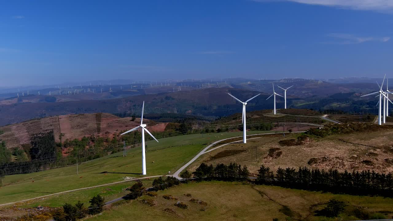 parco eolico con strade che attraversano mulini a vento, linee elettriche sul bestiame al pascolo in montagna, giornata soleggiata con cielo azzurro