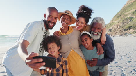 love, selfie and happy big family at a beach