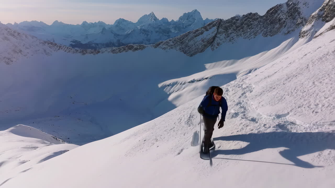 Person Ski Touring or Snowshoeing Up a Snowy Mountain