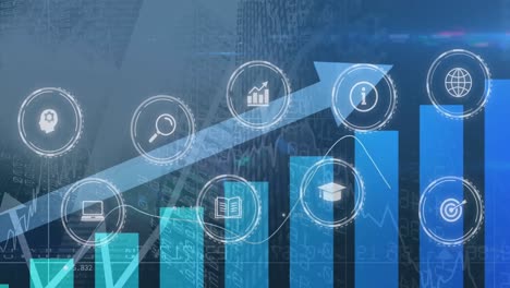animation of icon in circles over arrow on graph against low angle view of buildings