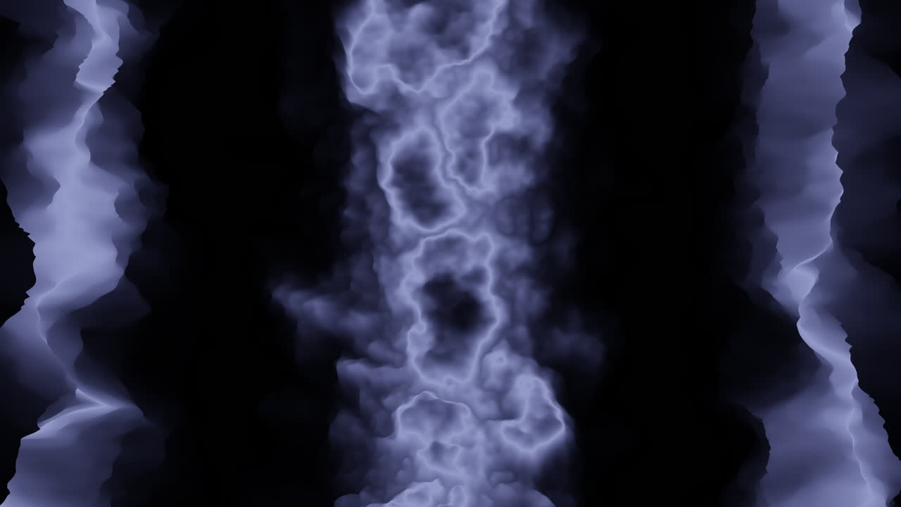 Twee verticale blauwe rook- of dampstromen drijven en wervelen tegen een diepzwarte achtergrond, wat een sfeervolle abstracte textuur creëert voor overlays, titels en overgangen