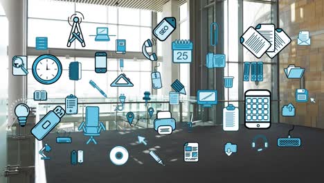 Animation-of-multiple-digital-icons-against-view-of-empty-office