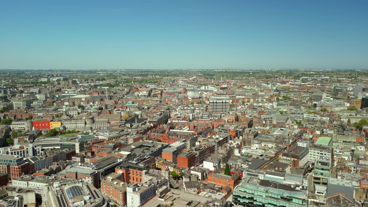 Aerial video of the Dublin City skyline in Dublin, County Leinster, Ireland. Filmed in 4K, 60FPS and with Rec709 color.
