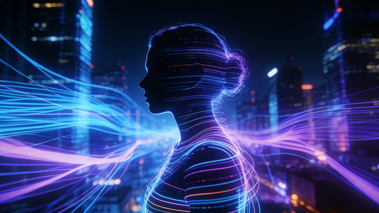 Female-profile in tech city, neon ribbons sweeping from edges, wrapping torso, visualizing energy