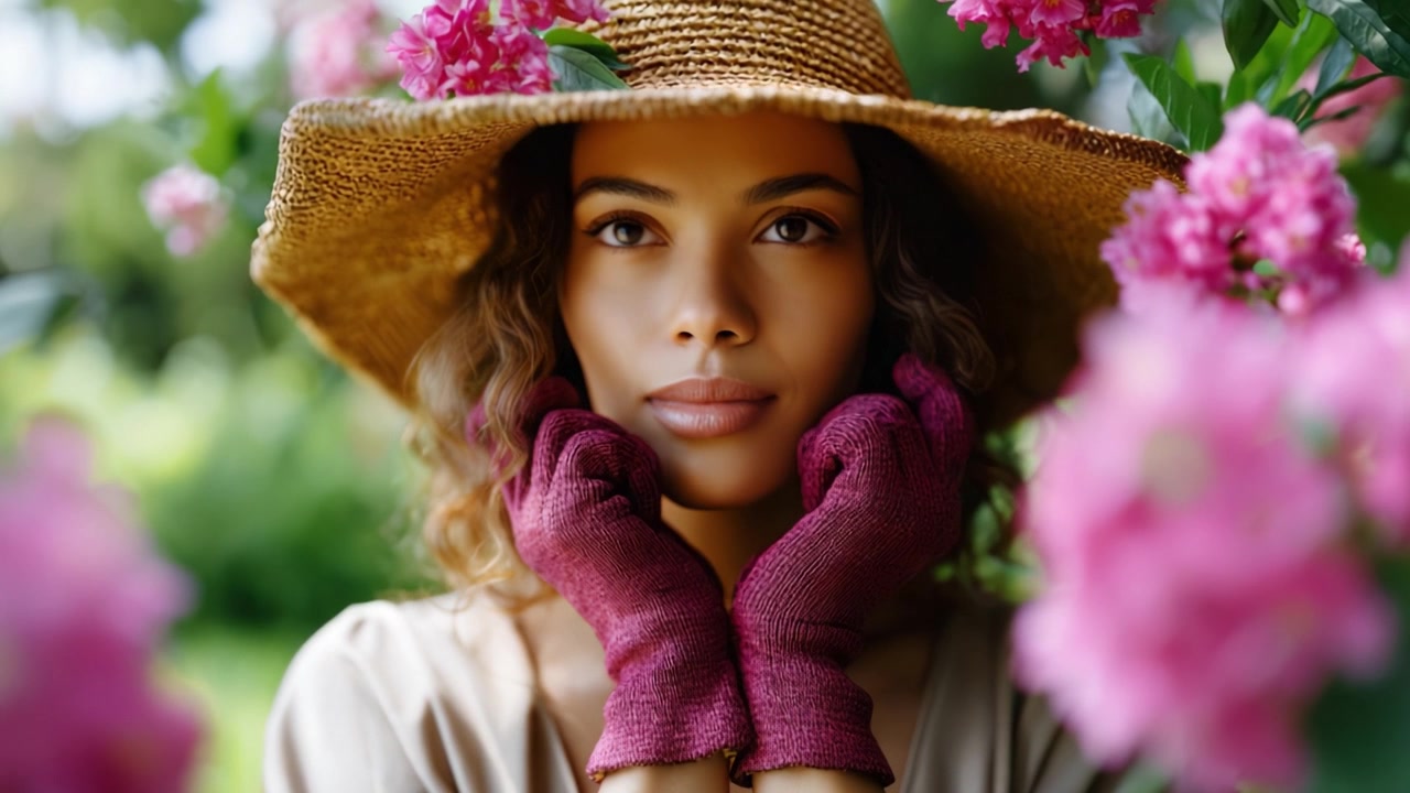 Femme sereine dans un jardin, entourée de fleurs, portant un chapeau à larges bords et des gants, reflétant un moment de paix et de connexion avec la nature