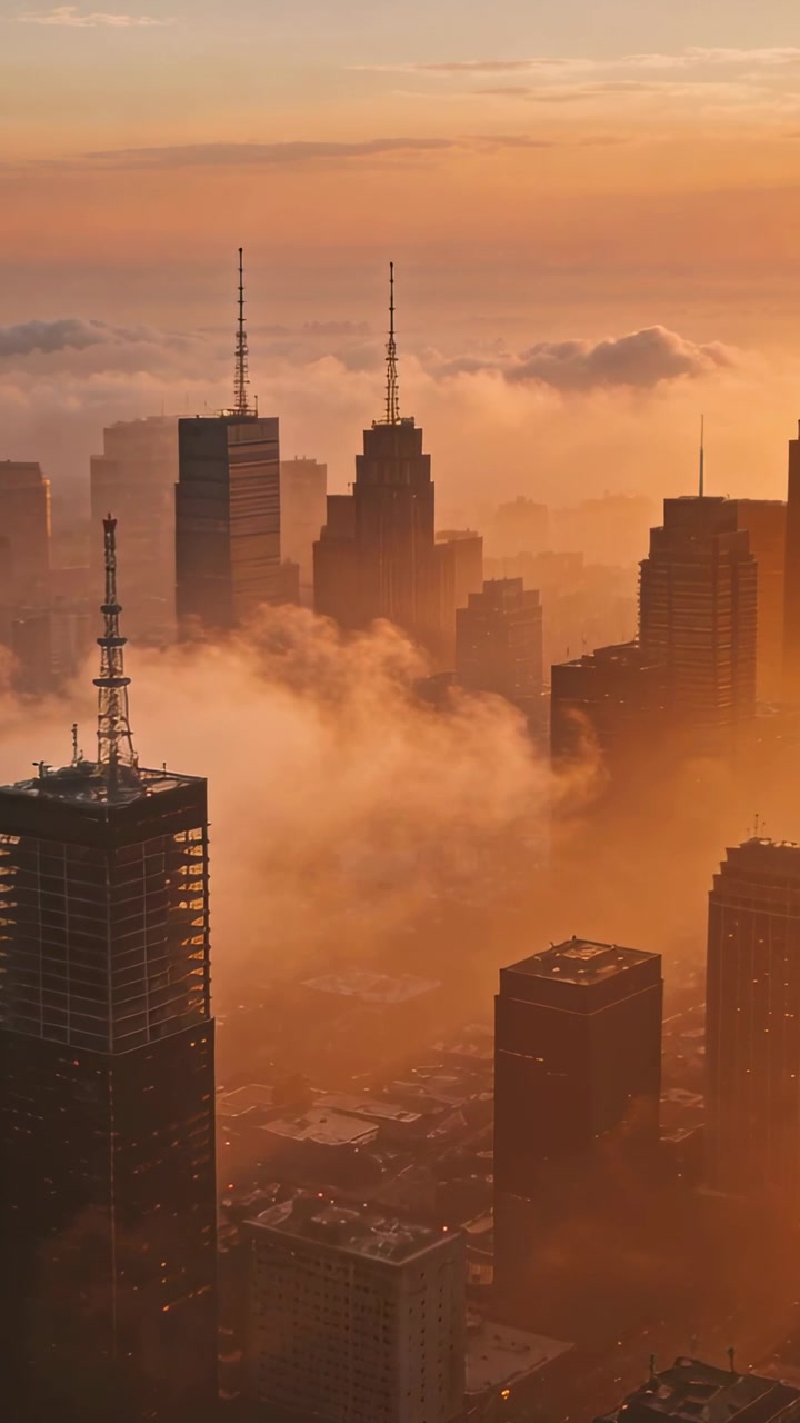 Video vertical: Niebla a la deriva revelando antenas y agujas gemelas sobre el centro de la ciudad mientras la luz dorada asciende.