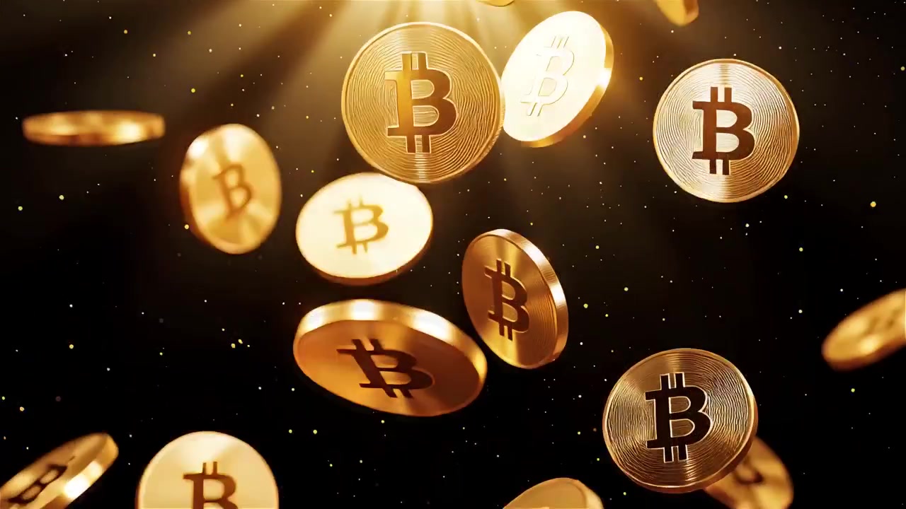 Bitcoin in rotazione su sfondo nero drammatico 4k