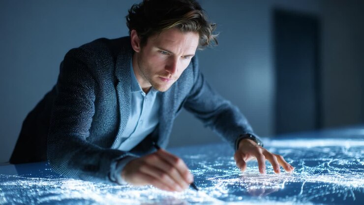 A focused individual studies a glowing digital map on a futuristic touchscreen, interacting with intricate data points and visualizing complex information in an engaging manner