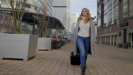 Young-female-tourist-walking-and-pulling-suitcase