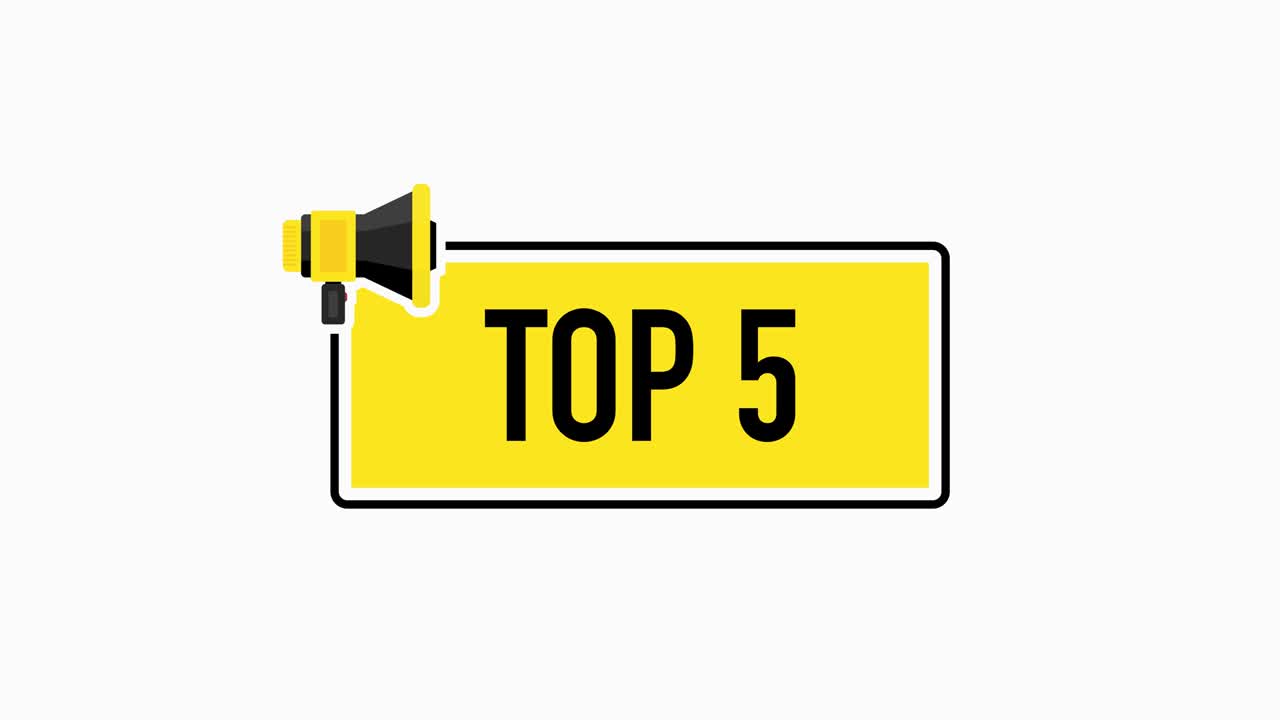top 5 gelbes schild mit megafon. design im flachen stil auf weißem hintergrund. motion graphic.