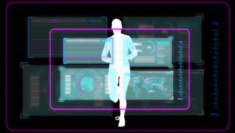 animación de pantallas con procesamiento de datos sobre hombre corriendo en fondo oscuro