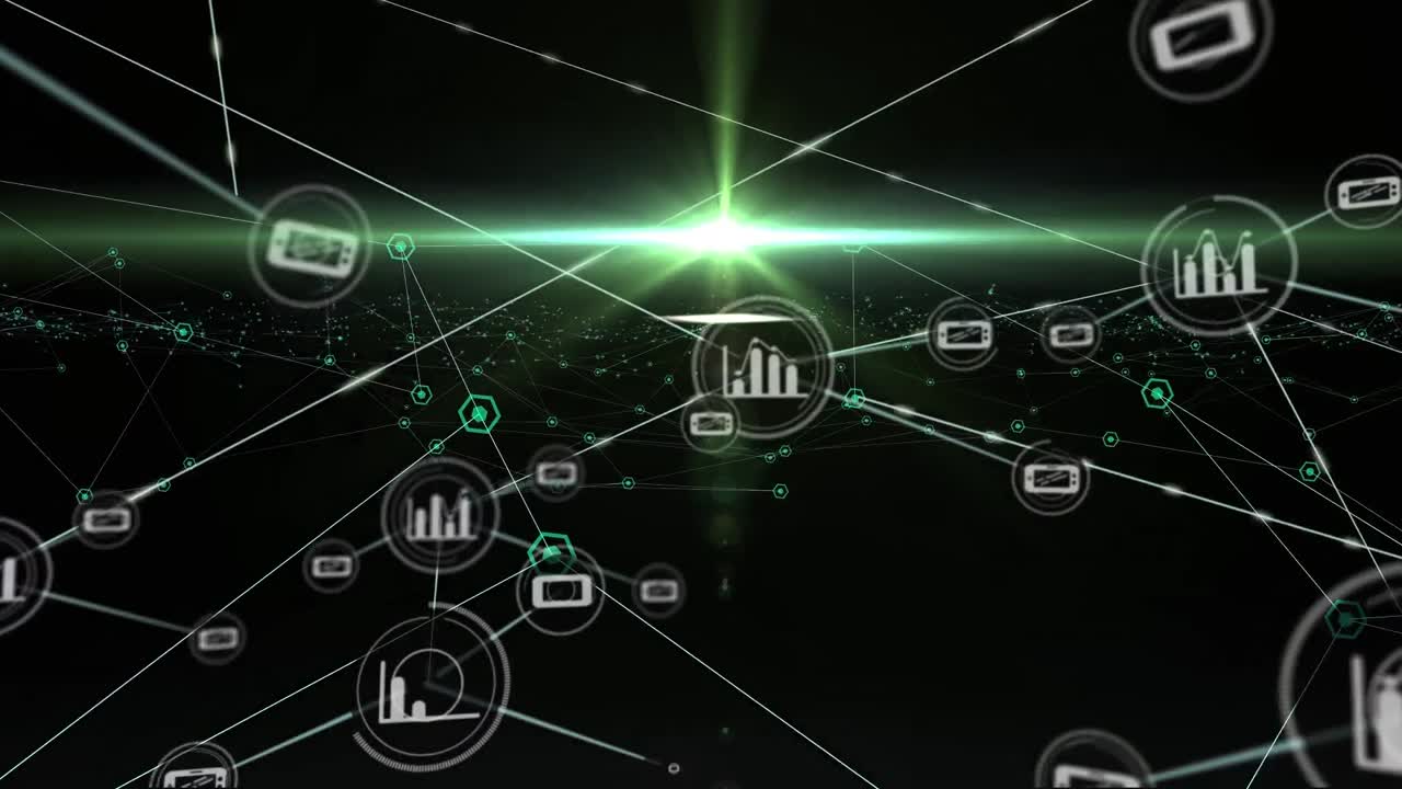 animación de la red de conexiones con iconos sobre fondo negro con luz