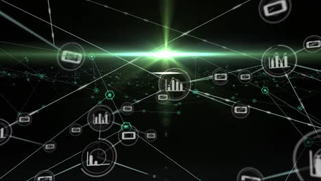 Animation-of-network-of-connections-with-icons-over-black-background-with-light