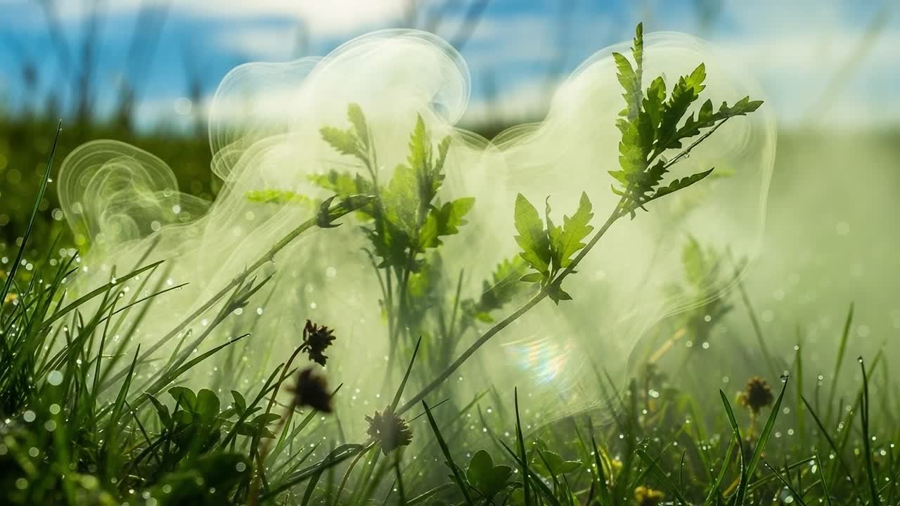 Captivating Greenery: A Serene Close-up of Lush Grass and Delicate Smoke Dancing in the Breeze Under a Bright Sky
