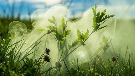 captivating greenery: a serene close-up of lush grass and delicate smoke dancing in the breeze under a bright sky