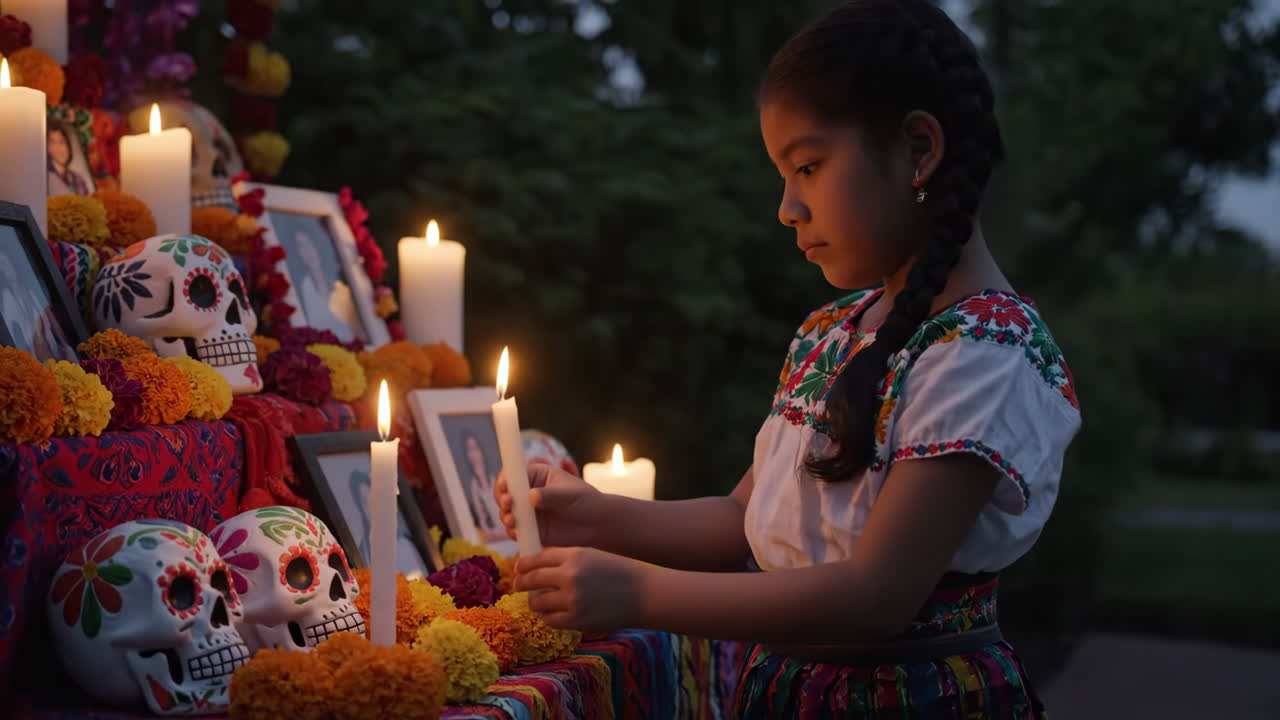 Day of the Dead Celebration with Girl and Altar