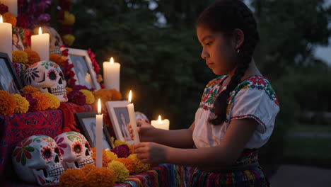day of the dead celebration with girl and altar