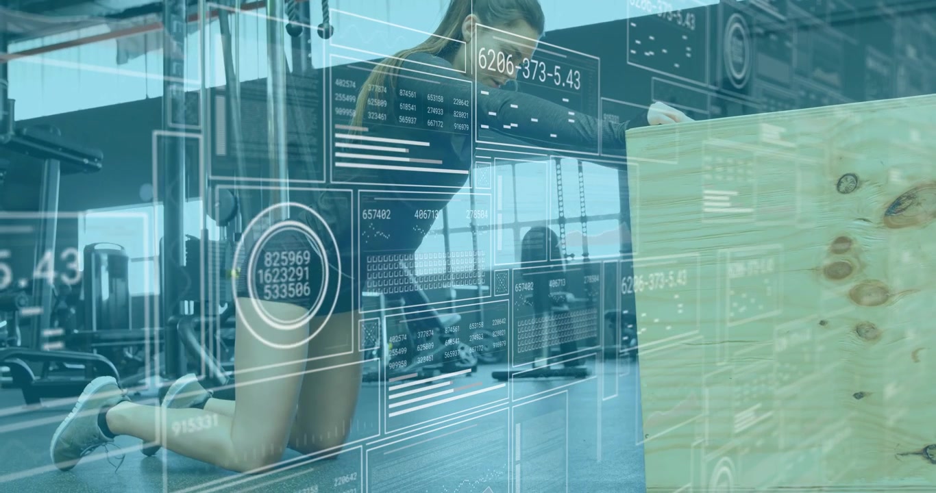 Fitness enthusiast entering gym and leaning on plyometric box as data tracking form animating