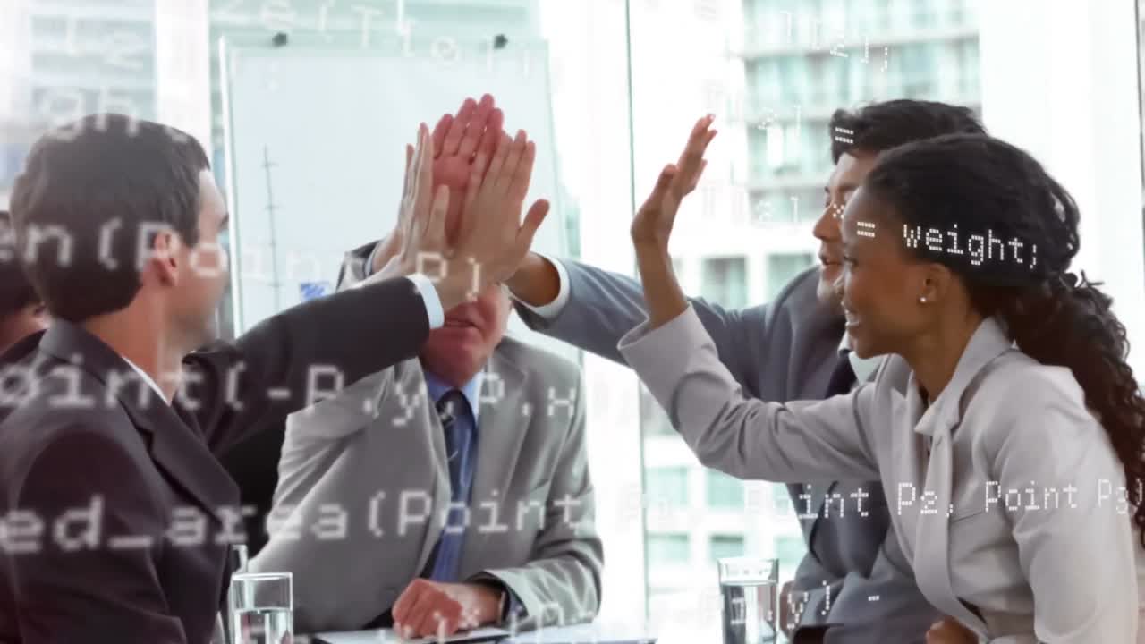 Animation of financial data processing over business people in office