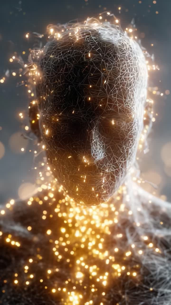Una trasformazione affascinante: una rappresentazione astratta di un volto digitale che si evolve da una rete di particelle di luce in un'entità luminosa e senziente