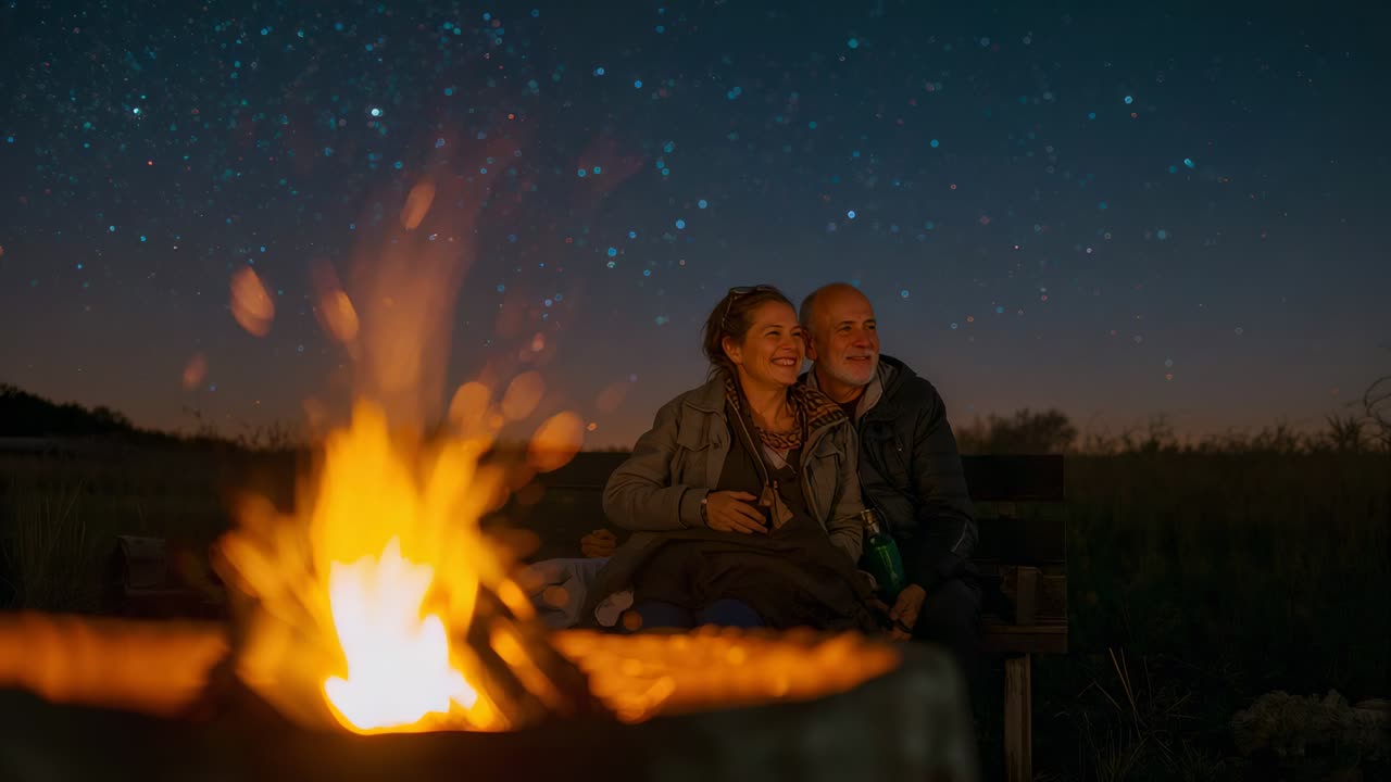 Sitting couple leaning by firepit at night, holding drinks, watching stars while flame flickering