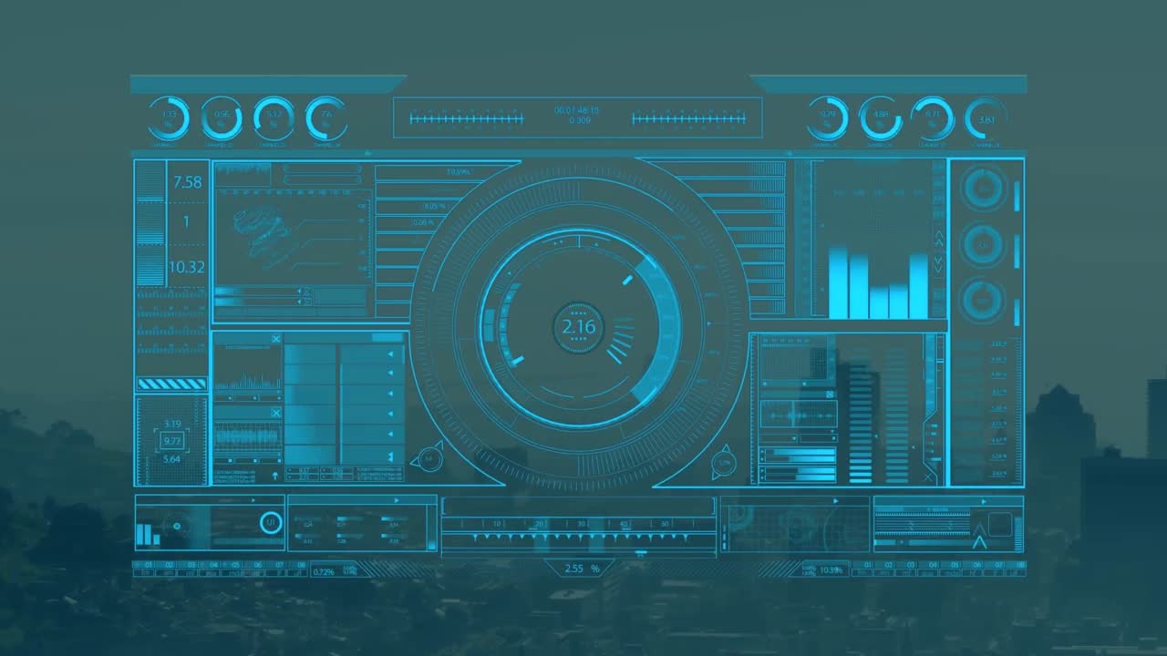 Animation of graphical interface screen representing scanning and analyzing of data over cityscape