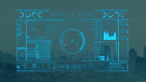 animation of graphical interface screen representing scanning and analyzing of data over cityscape