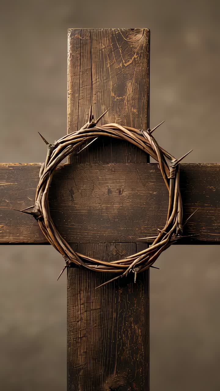 Vertical video: Panning camera revealing wooden cross with crown sliding on set, emphasizing grain