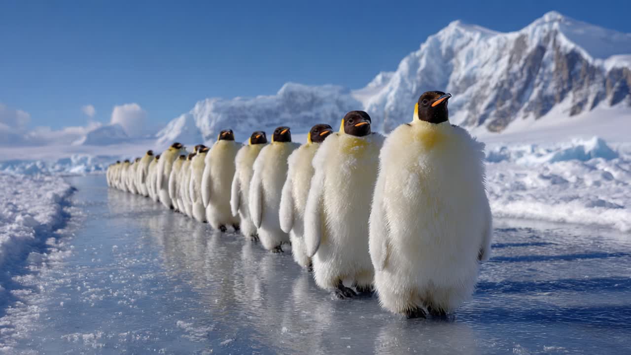 A Line of Adorable Emperor Penguins Walking on Ice in a Snowy Antarctic Landscape Under a Clear Blue Sky Surrounded by Majestic Mountains