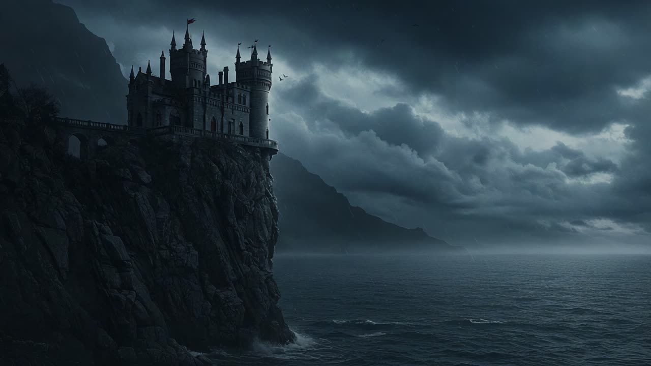 A Mysterious Castle on a Cliff Overlooking a Dark, Stormy Ocean: An Enigmatic Scene of Intrigue and Drama