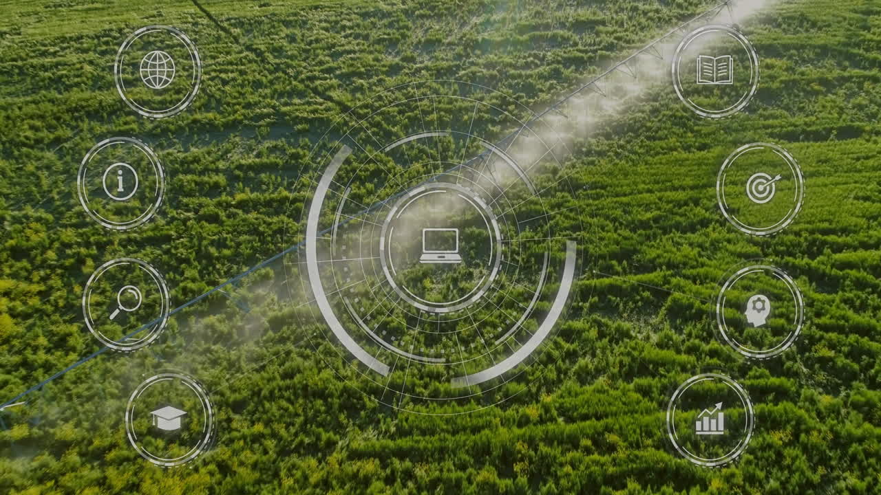 Animation of digital technology icons over lush green agricultural landscape