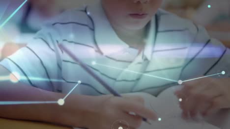 animation of globe with network of connections over schoolboy writing