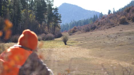 hunter espera en el campo con montaña en segundo plano.