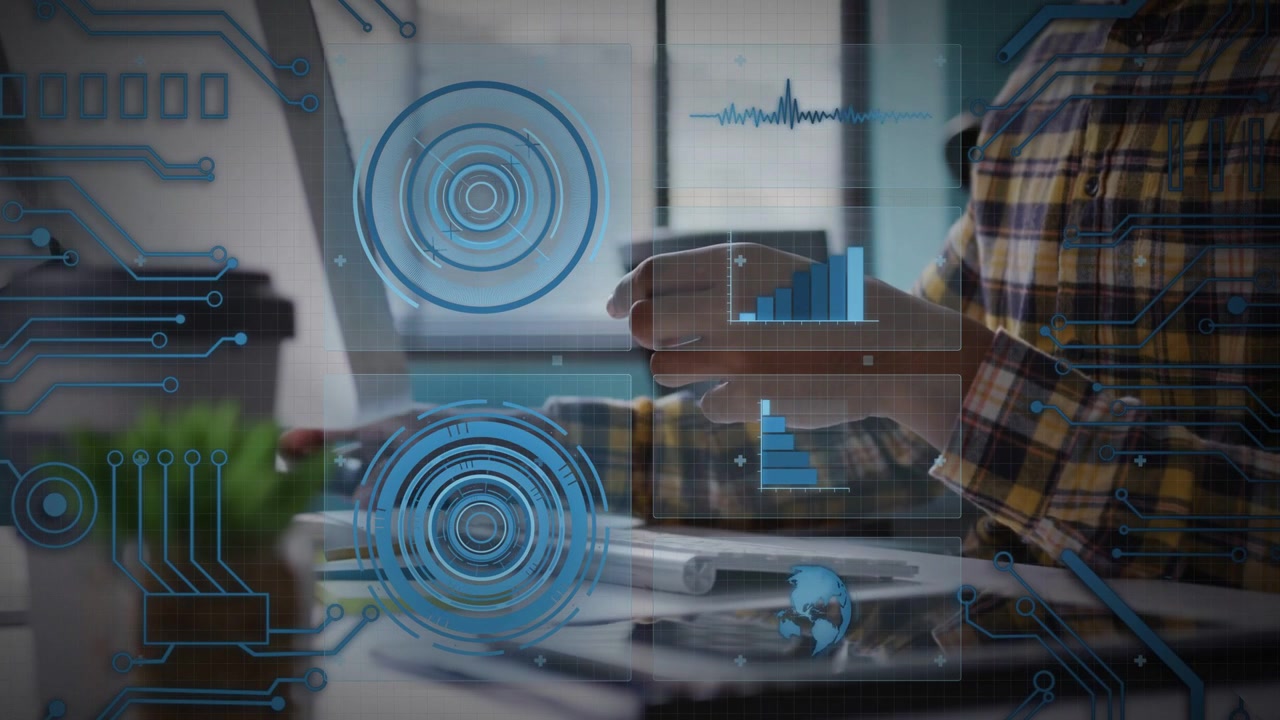 Male pro tapping phone, updating HUD charts and gauges, then typing to monitor tech metrics