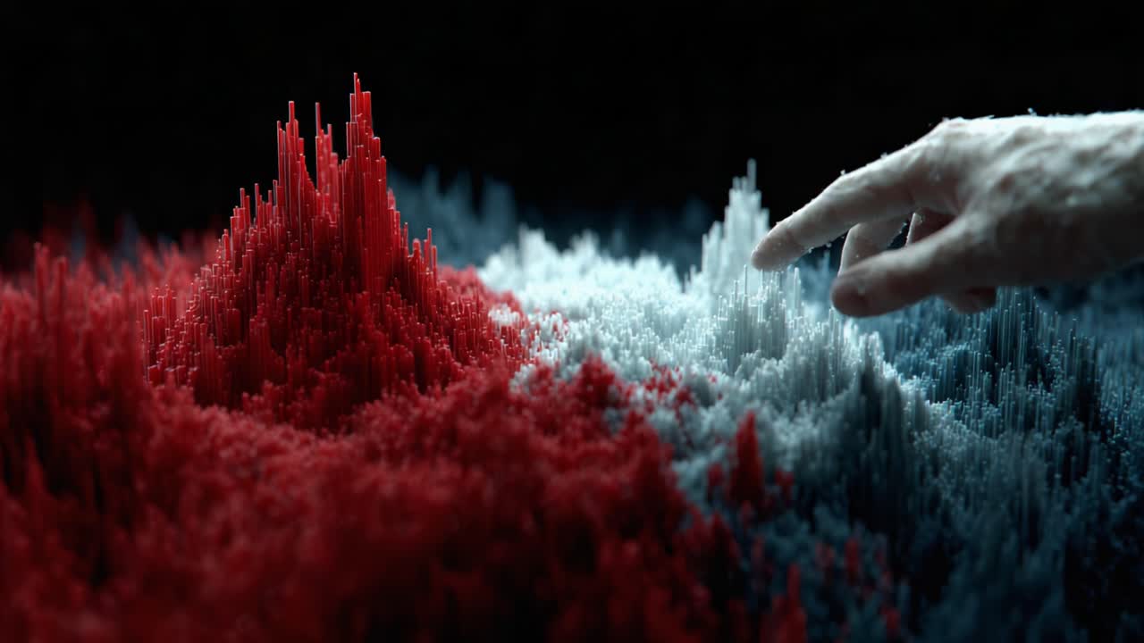 A Close-Up Exploration of Textured Landscapes: An Intriguing Hand Reaching Towards Colorful, Abstract Peaks Representing Data Variations and Timeless Curiosity