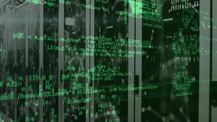 Server rack showing animated sliding code overlay on start, shifting to network mesh drifting