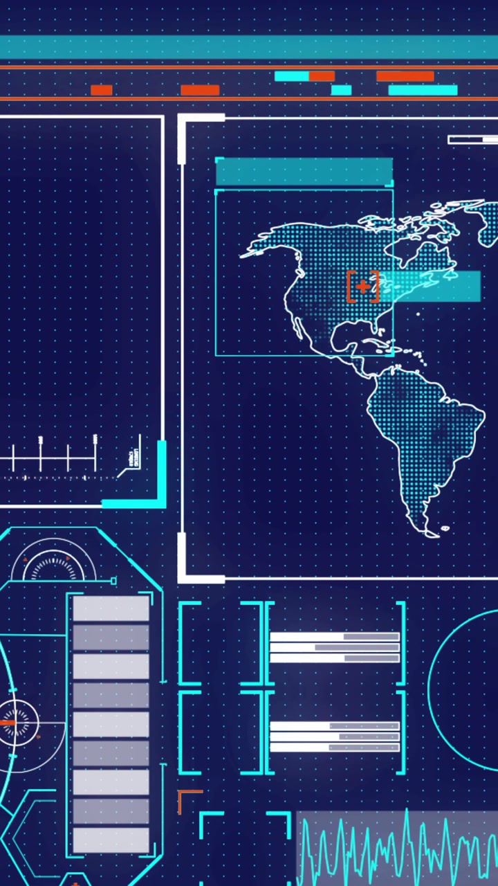 Animation of interface with spinning globe, world map and data processing against blue background