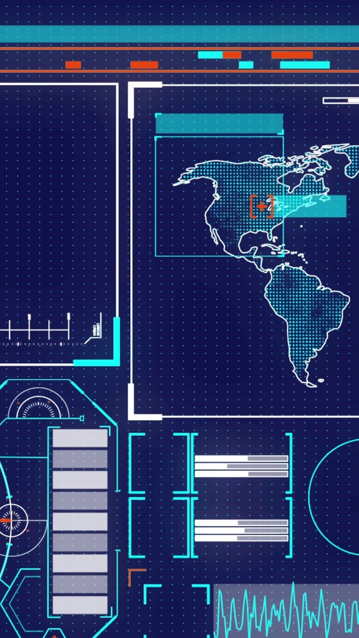 Animation of interface with spinning globe, world map and data processing against blue background