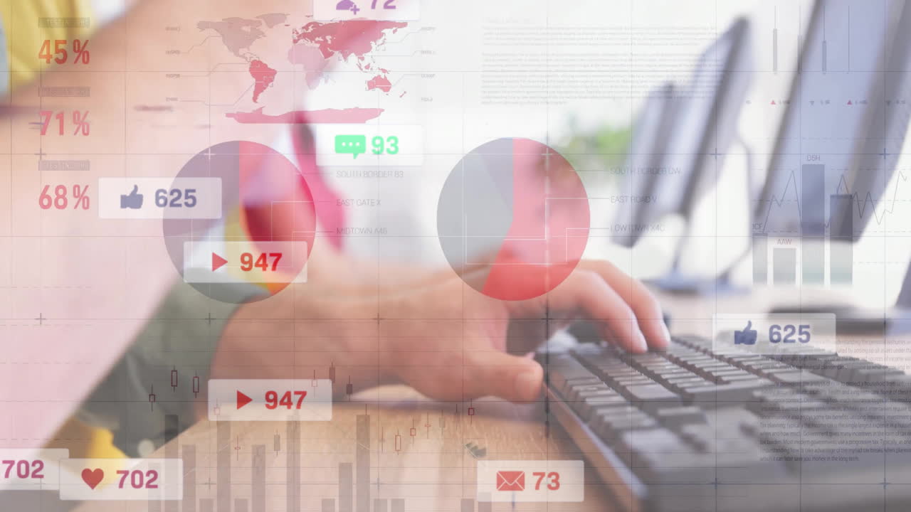 animación del procesamiento de datos de las redes sociales sobre empresario caucásico usando computadora