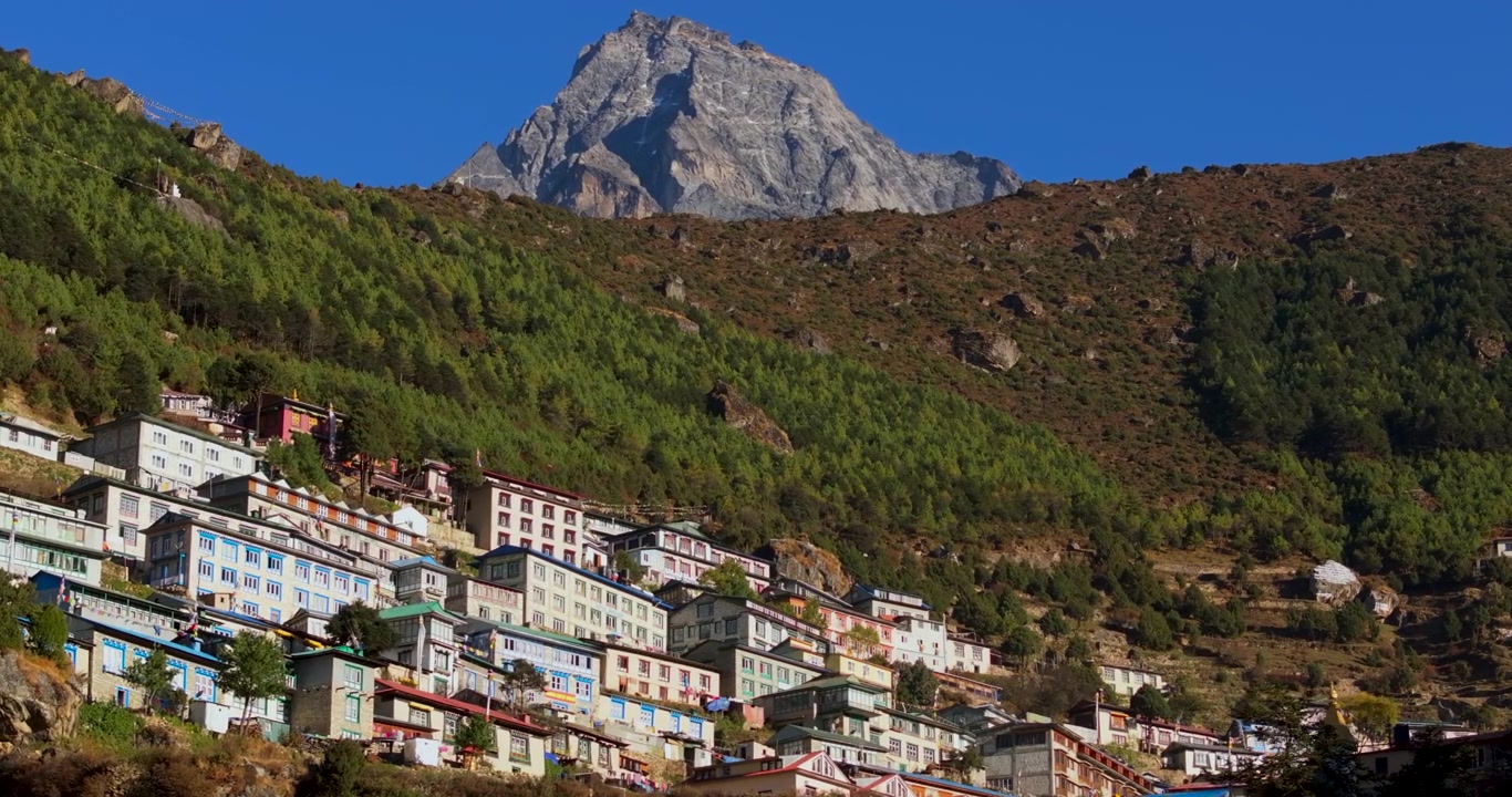 Namche Bazaar, Nepal. Berrak mavi bir gökyüzünün altında, Khumbila Dağı'nın kayalık zirvesinin altındaki yamaç kulübelerini gösteren yana doğru takip eden drone çekimi.