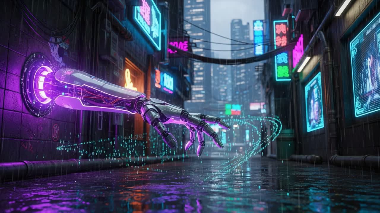Futuristic Cyberpunk Scene Featuring a Robotic Arm in a Neon-lit Alleyway with Reflections and Dynamic Elements Captured in a Dystopian Urban Environment