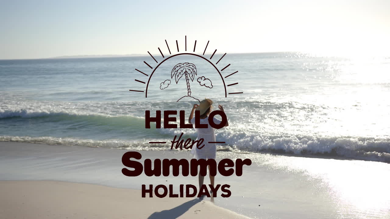 해변에서 는 두 인종의 여성에 대한 여름 휴가 문자