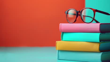 Colorful-Books-With-Glasses-on-Bright-Background