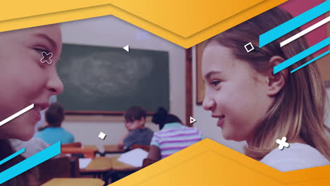 in school, child listening to teacher with animation of geometric shapes overlay