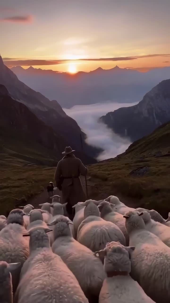 Pastore che guida un gregge di pecore attraverso una valle di montagna all'alba