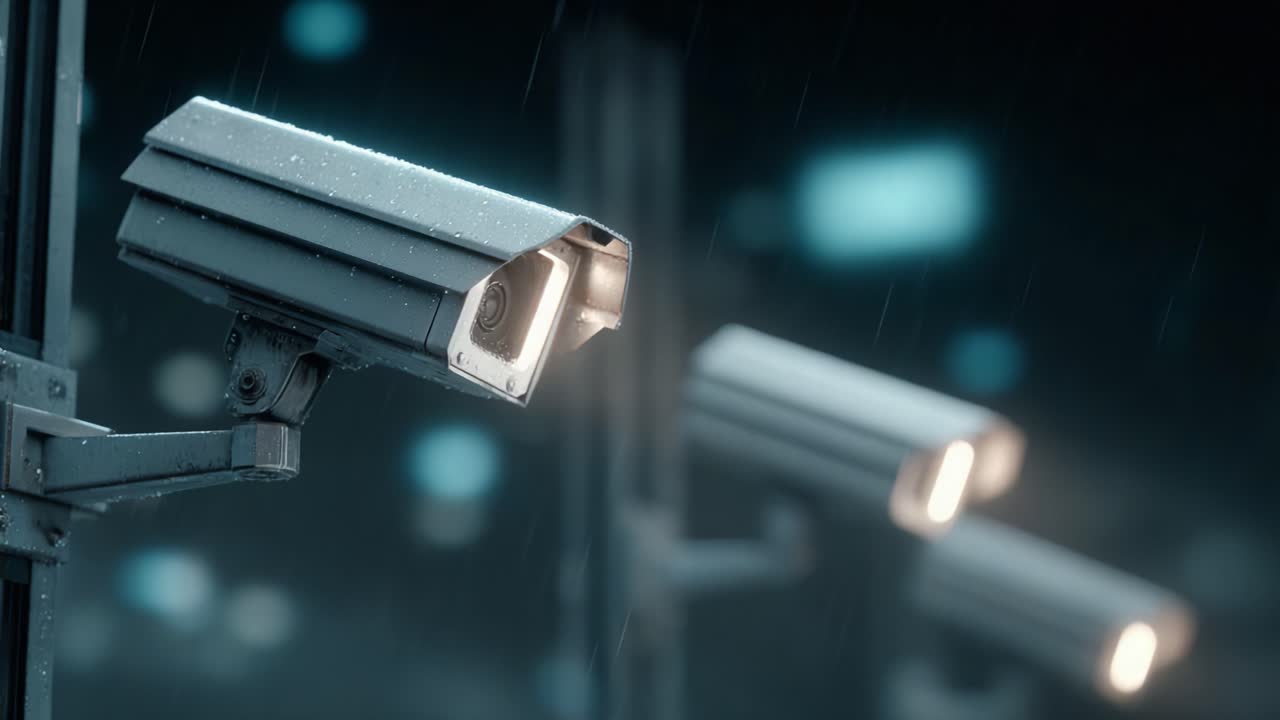 High-Definition Surveillance Cameras Capturing a Rainy Scene - Advanced Monitoring Technology with Clear Crisp Imagery in a Dimly Lit Environment