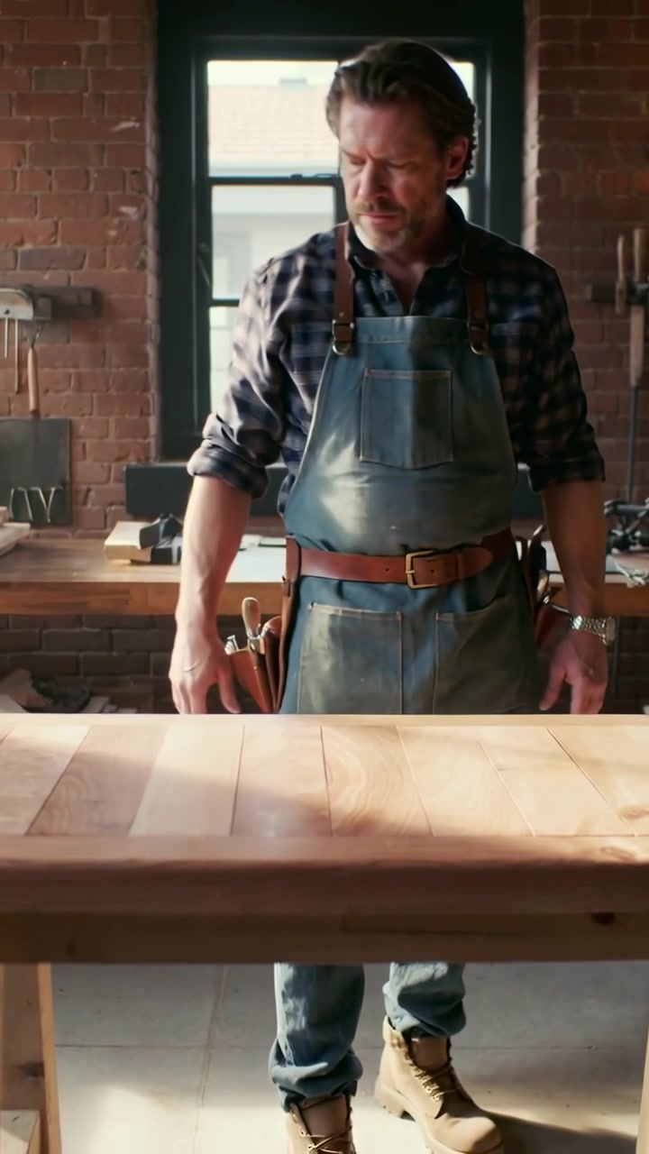 Vertical video: Wiping carpenter in plaid apron, smoothing new tabletop at brick shop with cloth